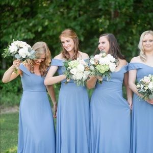 Blue chiffon off the shoulder bridesmaids dress